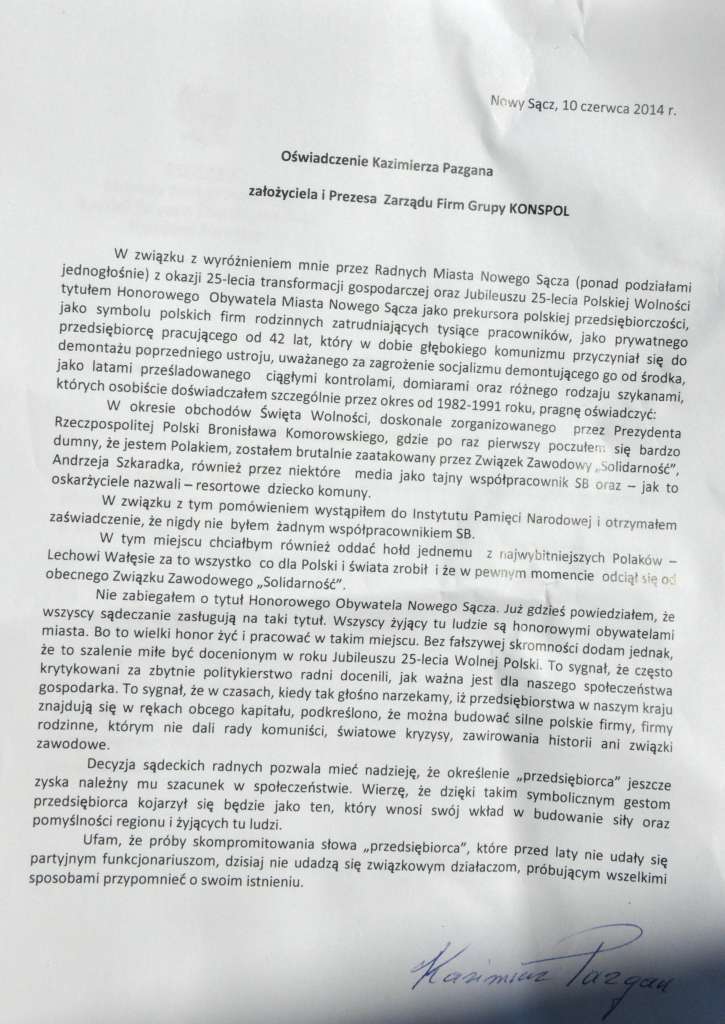 oświadczenie Kazimierza Pazgana założyciela i prezesa Konspolu