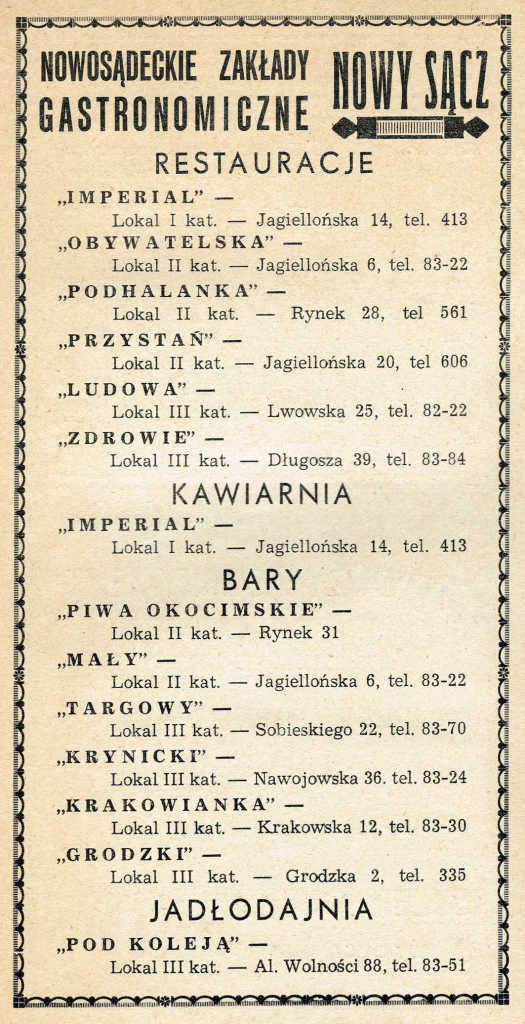 NZG - Nowosądeckie Zakłady Gastronomiczne. Reklama z informatora z 1960
