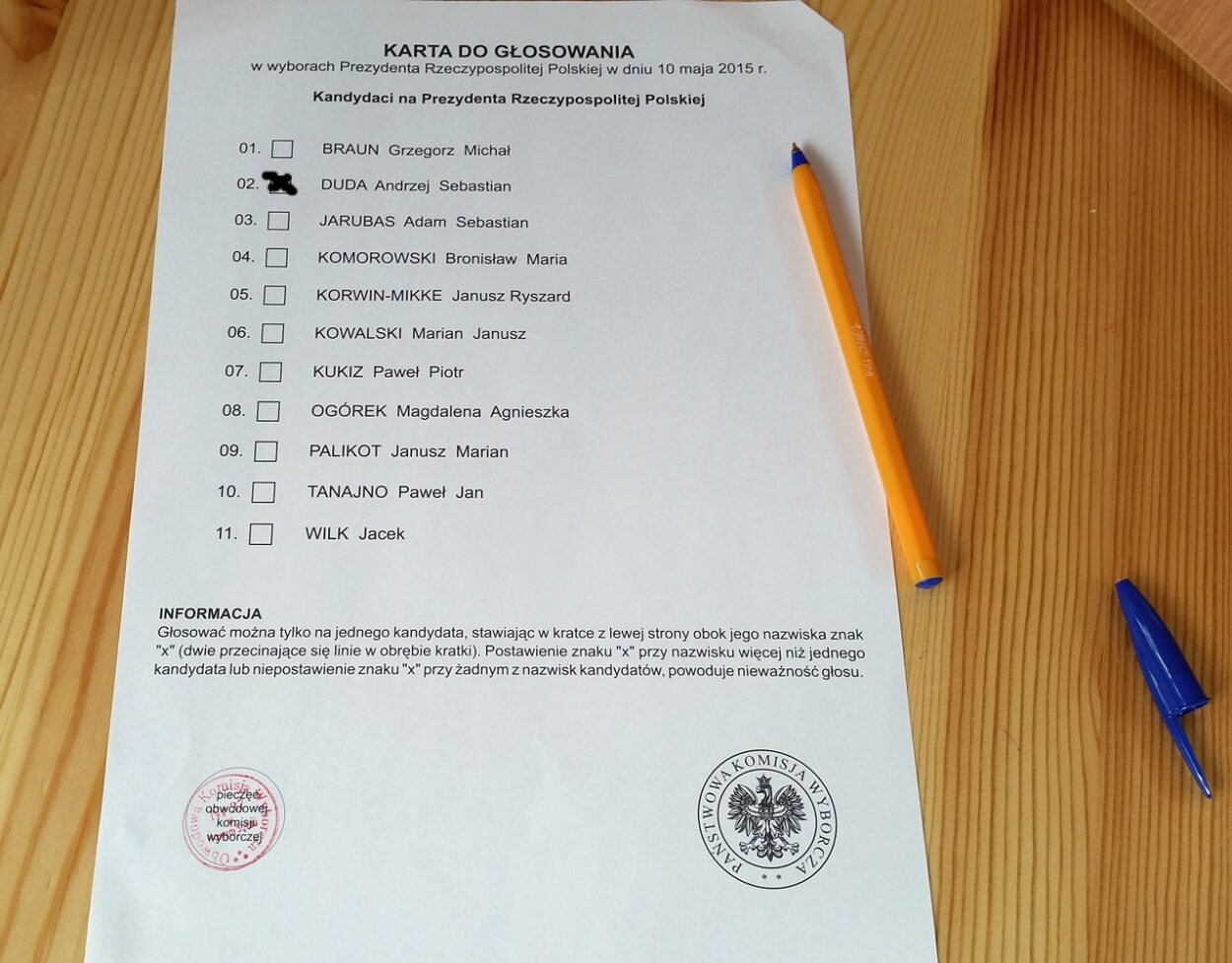 wybory 2015. Karta do głosowania w wyborach prezydenta 10 maja 2015