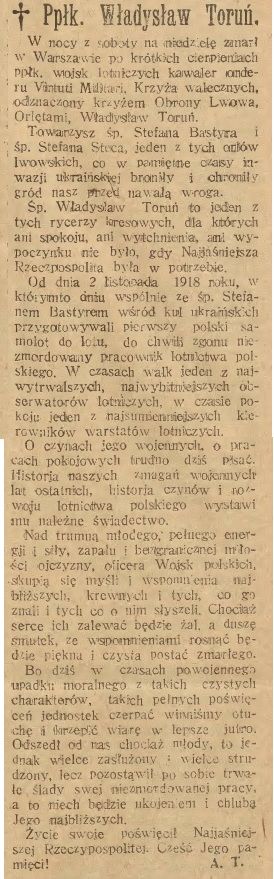 Słowo Polskie, nr 221 z 13 VIII 1924 r., s. 6 - Ne-krolog Władysław Toruń