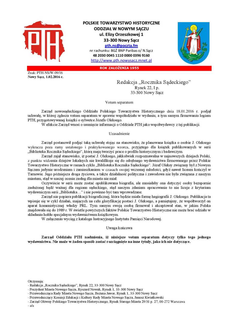 Nowosądecki oddział PTH o książce o Józefie Oleksym