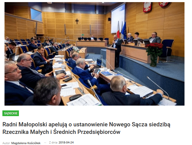 Inicjatywę ulokowania siedziby Rzecznika Małych i Średnich Przedsiębiorców w Nowym Sączu popierają radni Województwa Małopolskiego