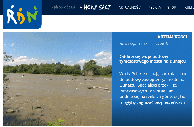 Wody Polskie ucinają spekulacje co do budowy zastępczego mostu na Dunajcu