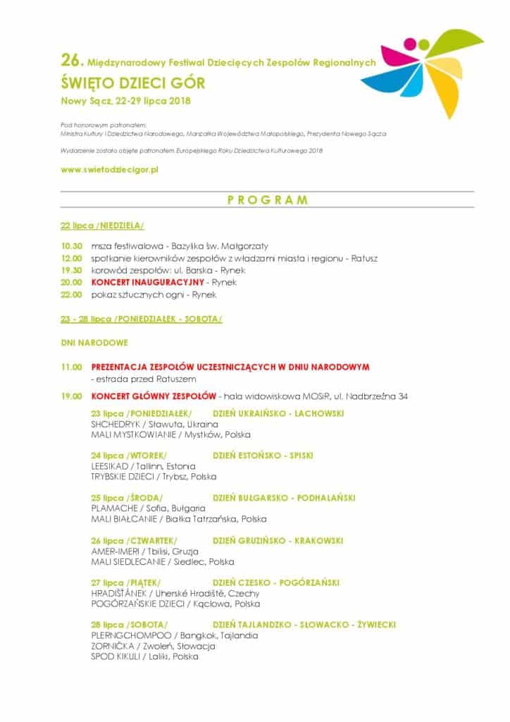 Święto Dzieci Gór program Nowy Sącz 2018
