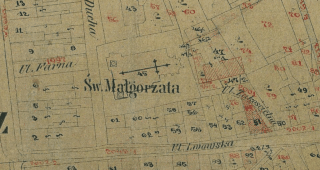 Ulica Zakościelna w Nowym Sączu na XIX-wiecznym planie miasta