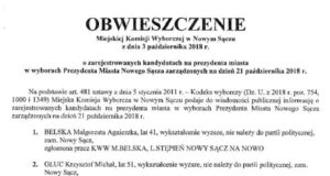 Oficjalne obwieszczenia Miejskiej Komisji Wyborczej w Nowym Sączu o zarejestrowanych kandydatach na prezydenta oraz na radnych