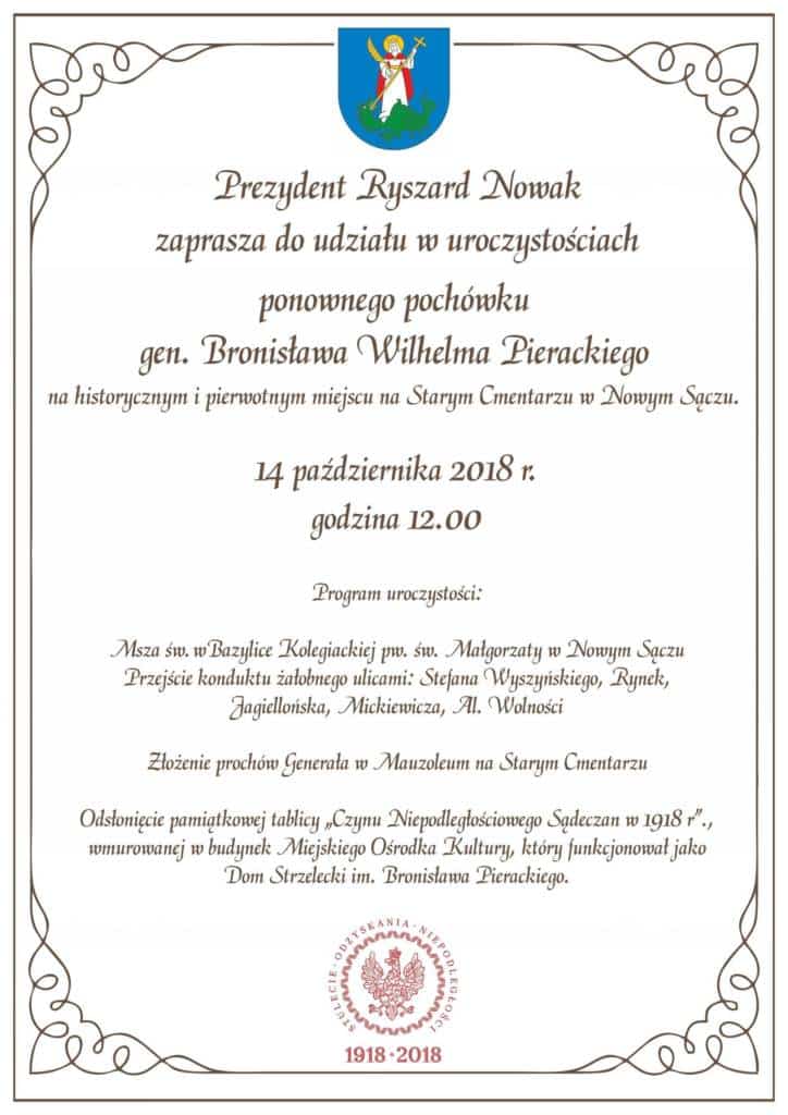 zaproszenie na ponowny pochówek Bronisława Pierackiego