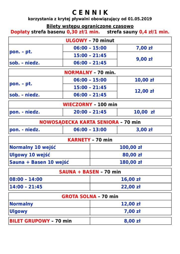 Kryta pływalnia Nowy Sącz cennik