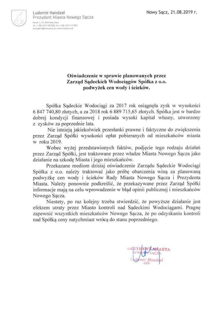 oświadczenie w sprawie Sądeckich Wodociągów