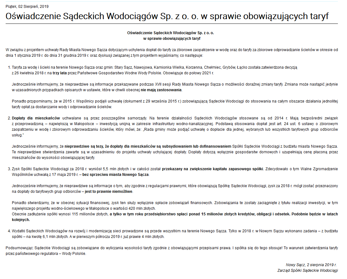 oświadczenie sądeckich wodociągów w sprawie obowiązujących taryf 2019