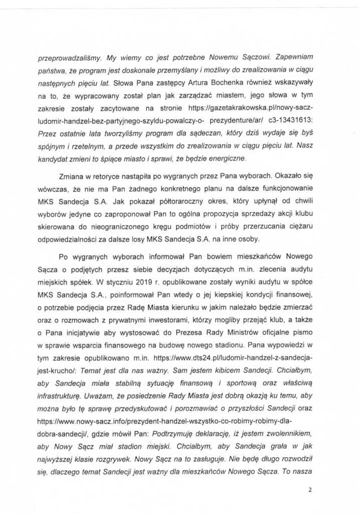 List otwarty Iwony Mularczyk - przewodniczącej Rady Miasta Nowego Sącza do prezydenta i radnych sprzeciwiający się procedurze sprzedaży MKS Sandecja