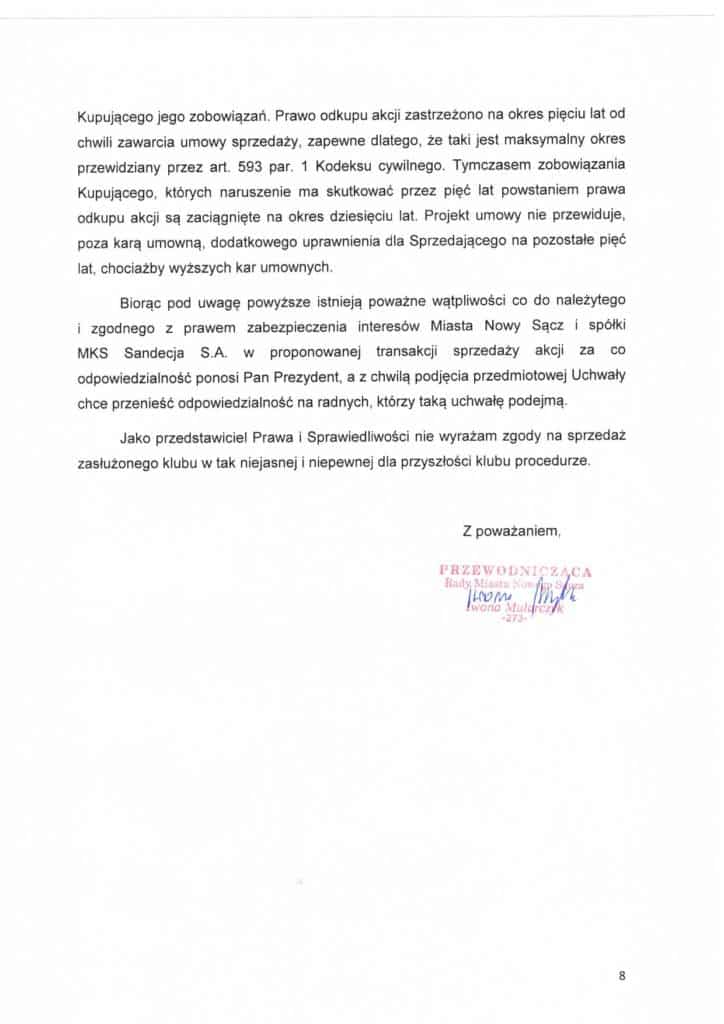 List otwarty Iwony Mularczyk - przewodniczącej Rady Miasta Nowego Sącza do prezydenta i radnych sprzeciwiający się procedurze sprzedaży MKS Sandecja - ostatnia strona