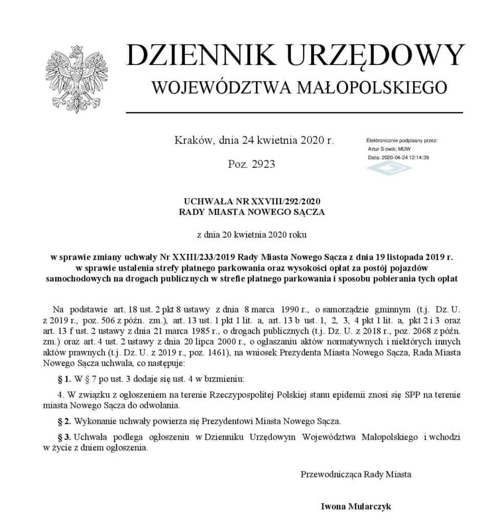 weszła w życie uchwała Rady Miasta Nowego Sącza znosząca do odwołania Strefę Płatnego Parkowania