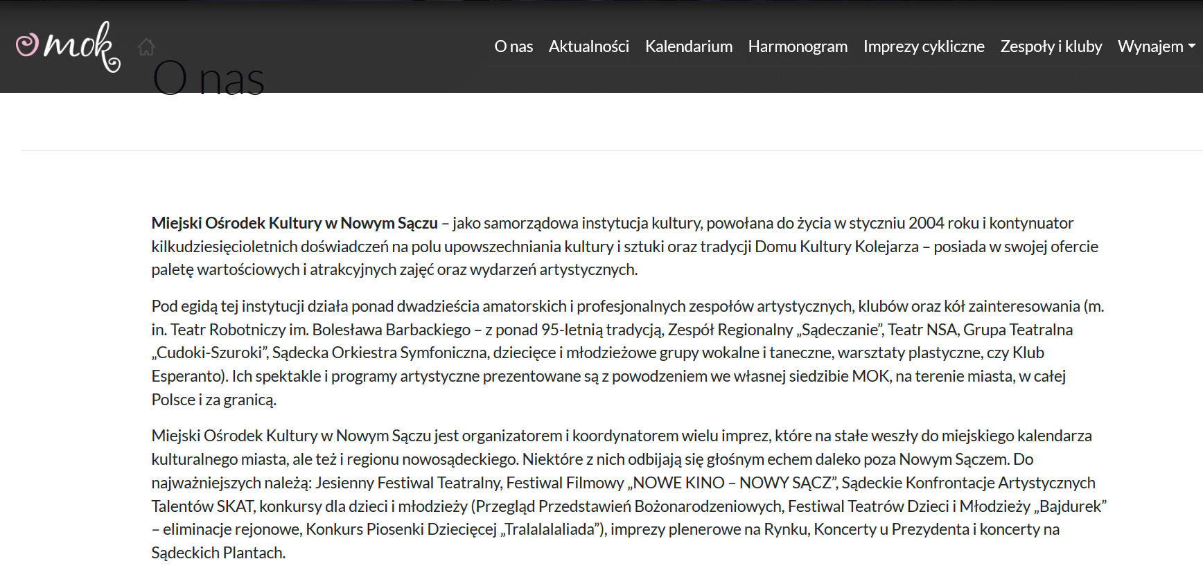 zrzut strony internetowej MOK Nowy Sącz 2020