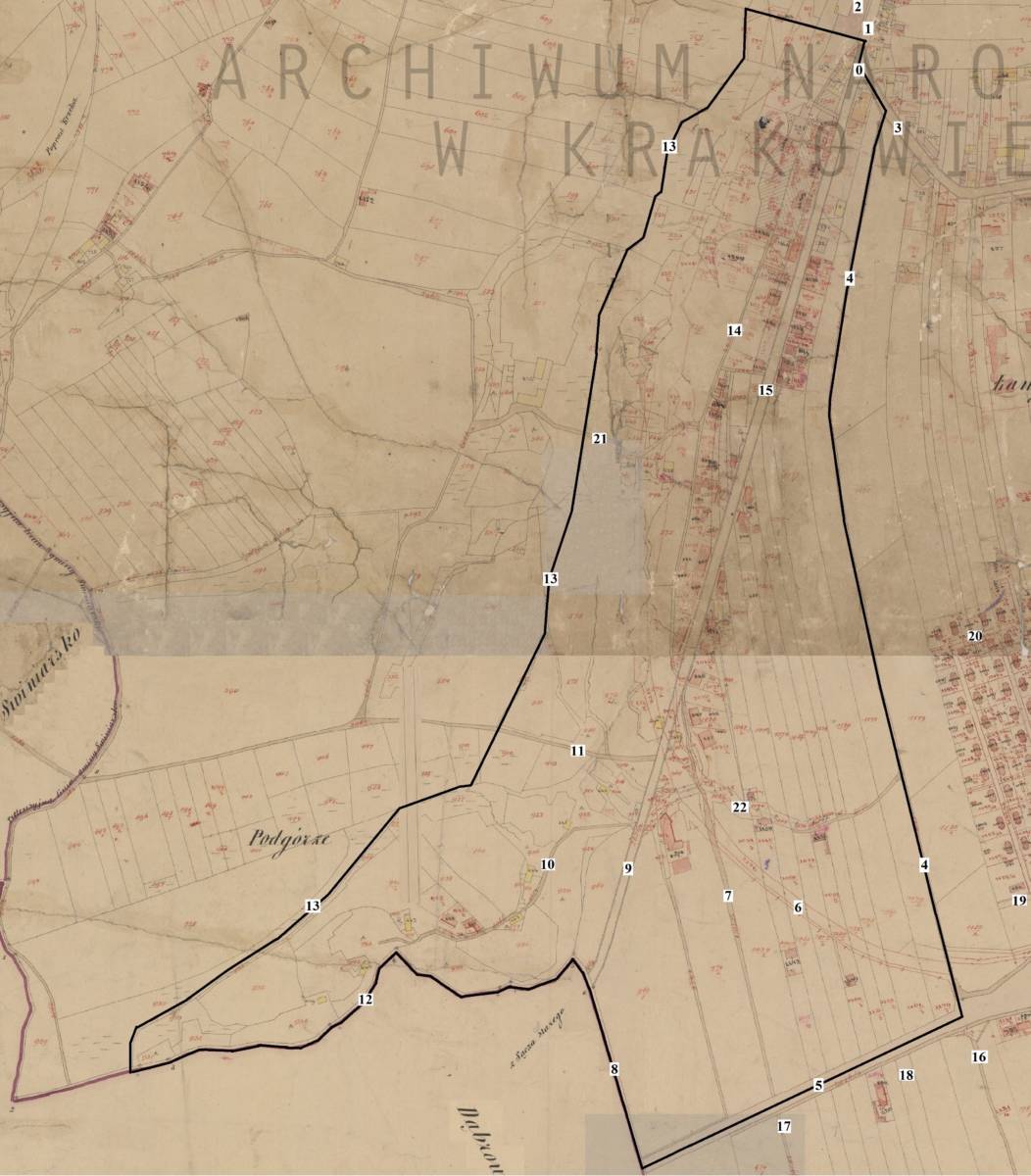 Mapa katastralna z przełomu XIX i XX wieku – granice starego Kaduka
