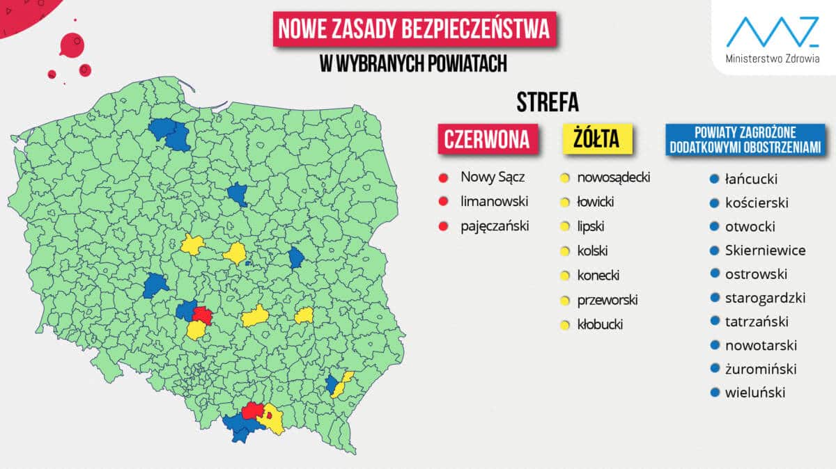 spadła liczba powiatów objętych strefami czerwonymi i żółtymi