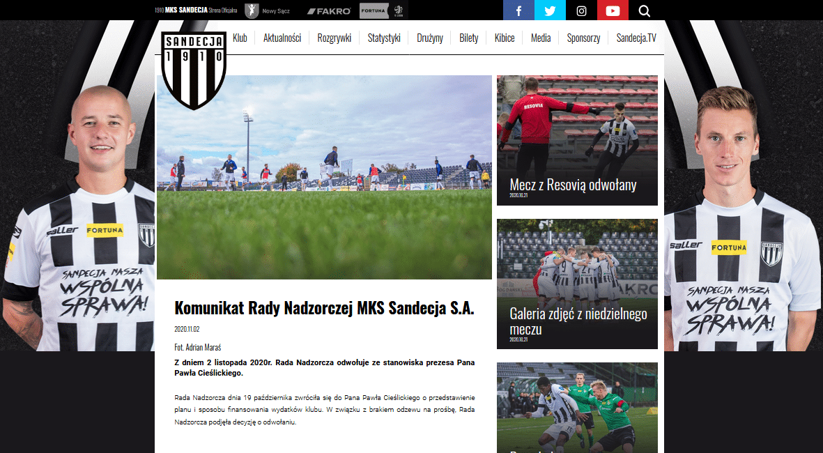 Na stronie internetowej Sandecji pojawił się komunikat o odwołaniu ze stanowiska prezesa Pawła Cieślickiego