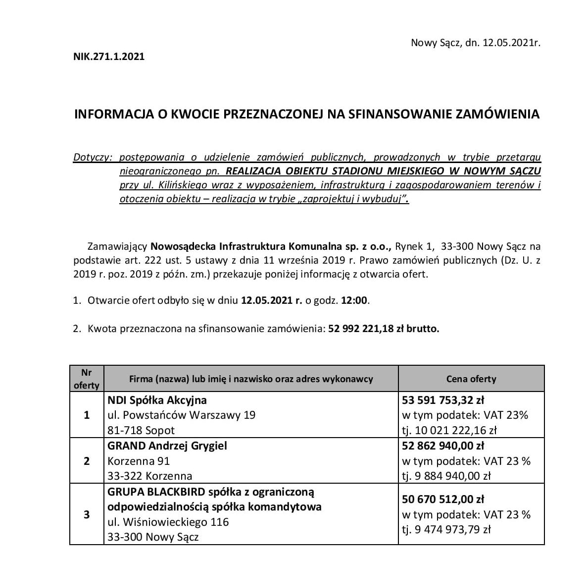 trzeci przetarg na realizację stadionu miejskiego - otwarcie ofert