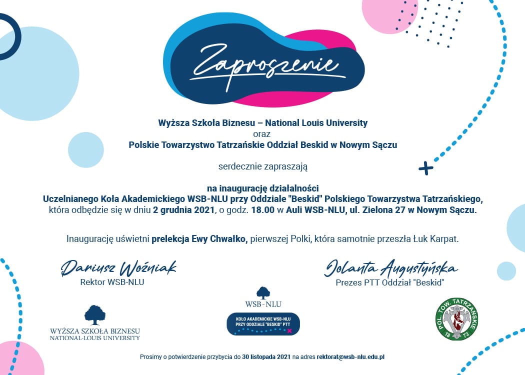 Wyższa Szkoła Biznesu – National Louis University i Polskie Towarzystwo Tatrzańskie Oddział "Beskid" w Nowym Sączu serdecznie zapraszają na prelekcję Ewy Chwałko