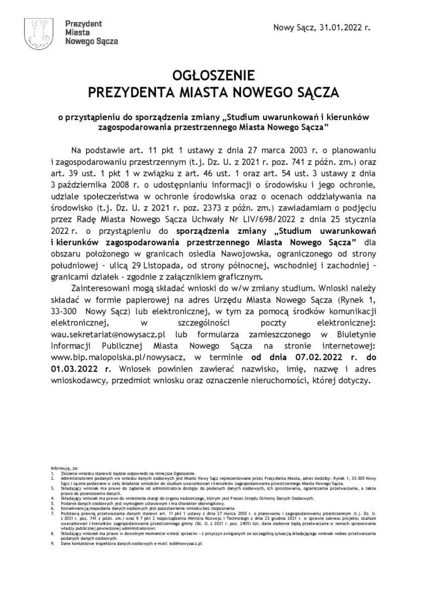 Ukazało się ogłoszenie Prezydenta Miasta Nowego Sącza o przystąpieniu do sporządzenia zmiany Studium