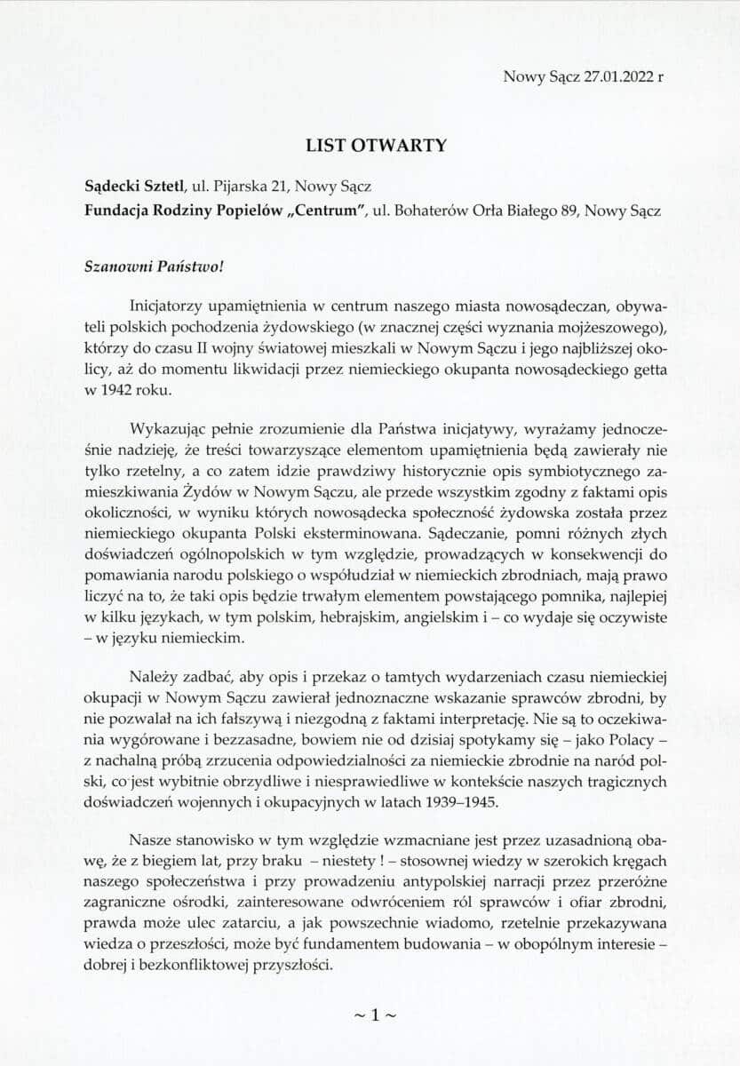 List otwarty w sprawie upamiętnienia sądeckich Żydów