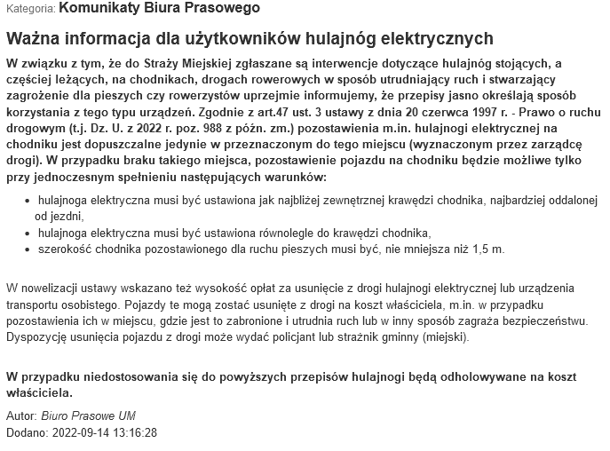 odholowanie hulajnogi w Nowym Sączu