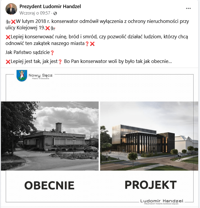 wpis prezydenta Handzla atakujący konserwatora zabytków