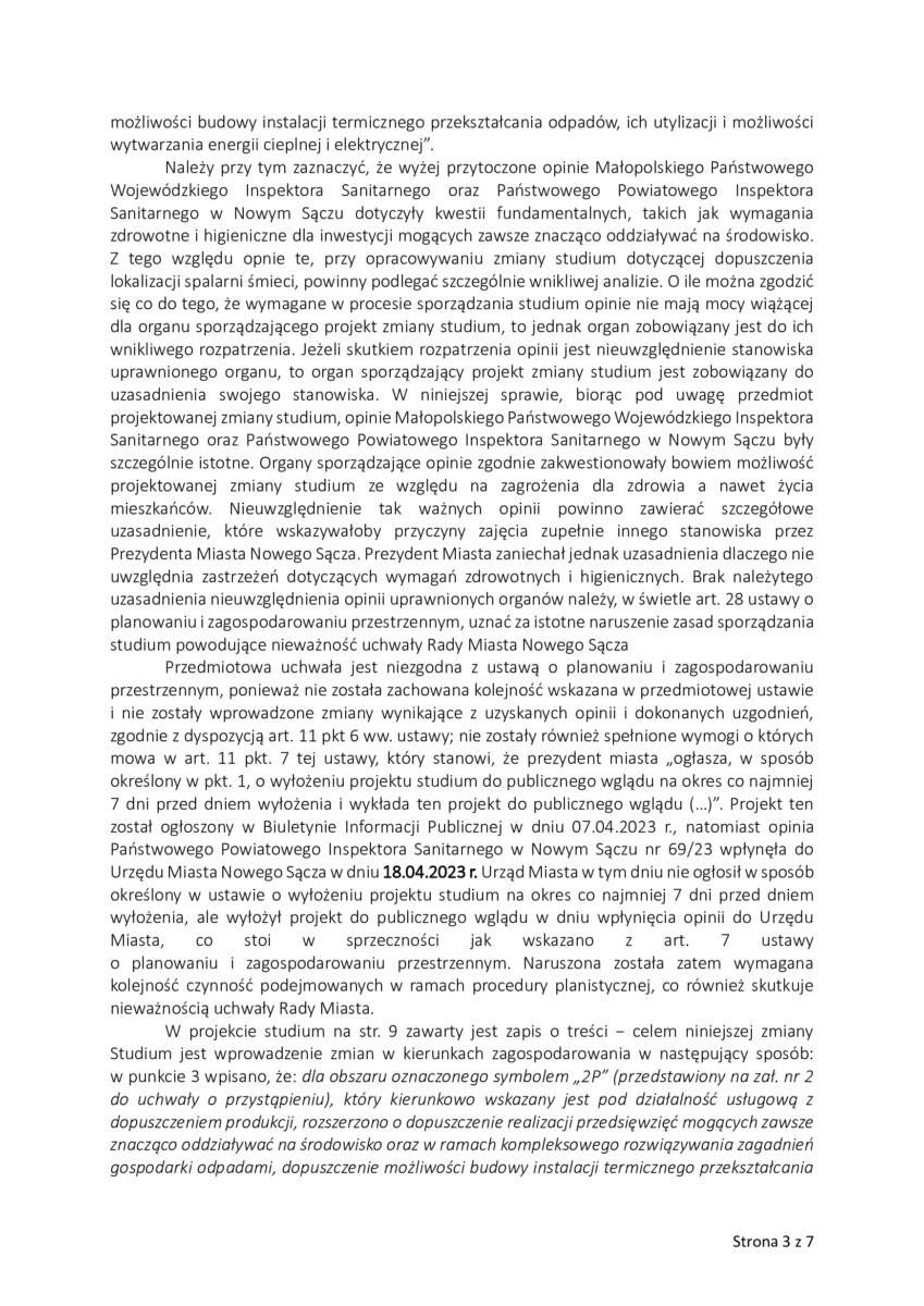 Wniosek o stwierdzenie nieważności uchwały w sprawie studium - spalarnia Nowy Sącz