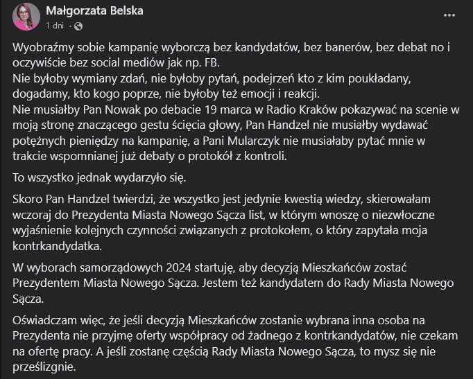 drama Belska Nowak wybory samorządowe w Nowym Sączu