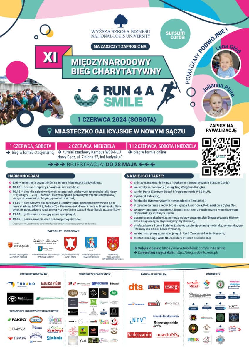 1 czerwca 2024 roku, odbędzie się XI edycja Biegu Charytatywnego Run 4 a Smile, czyli Bieg po uśmiech