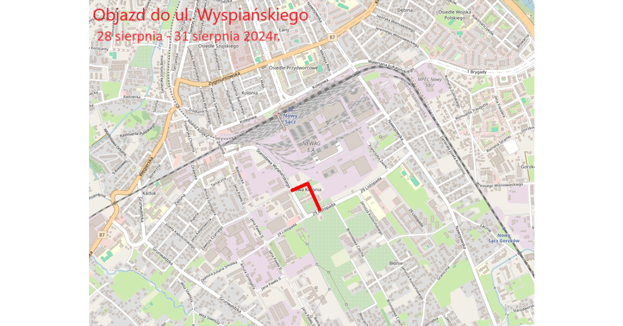 zamknięcie skrzyżowania ul. 29 Listopada i Wyspiańskiego w Nowym Sączu, 28-31 sierpnia 2024