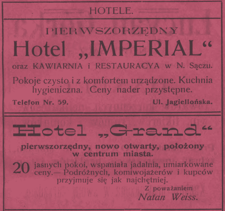 Hotel Imperial w Nowym Sączu i Hotel Grand - reklama z 1911 roku