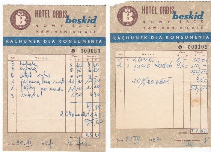 Hotel Orbis Beskid w Nowym Sączu. Rachunki z 1967 roku