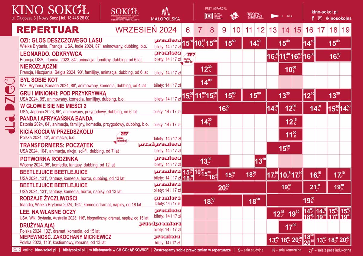 repertuar kina Sokół w Nowym Sączu od 6 do 19 września 2024