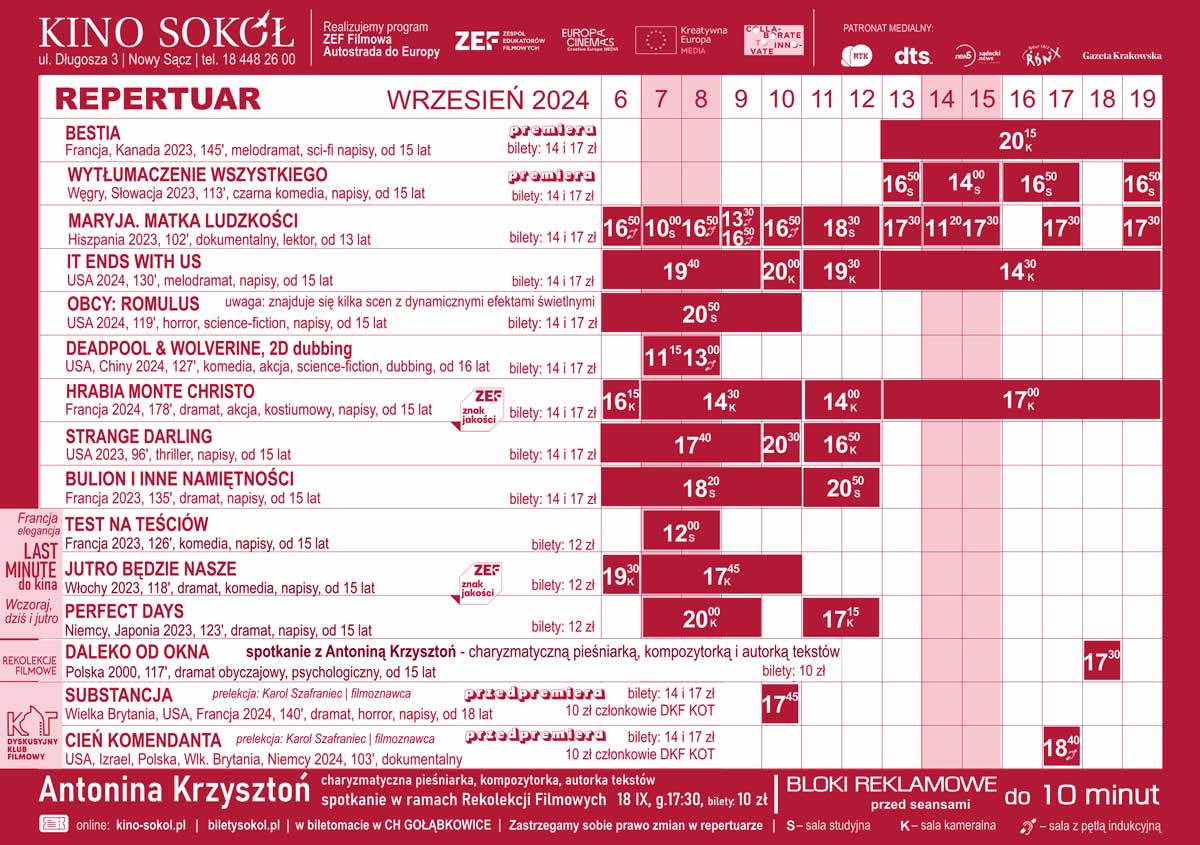 kino Sokół w Nowym Sączu repertuar 6 - 19 września 2024