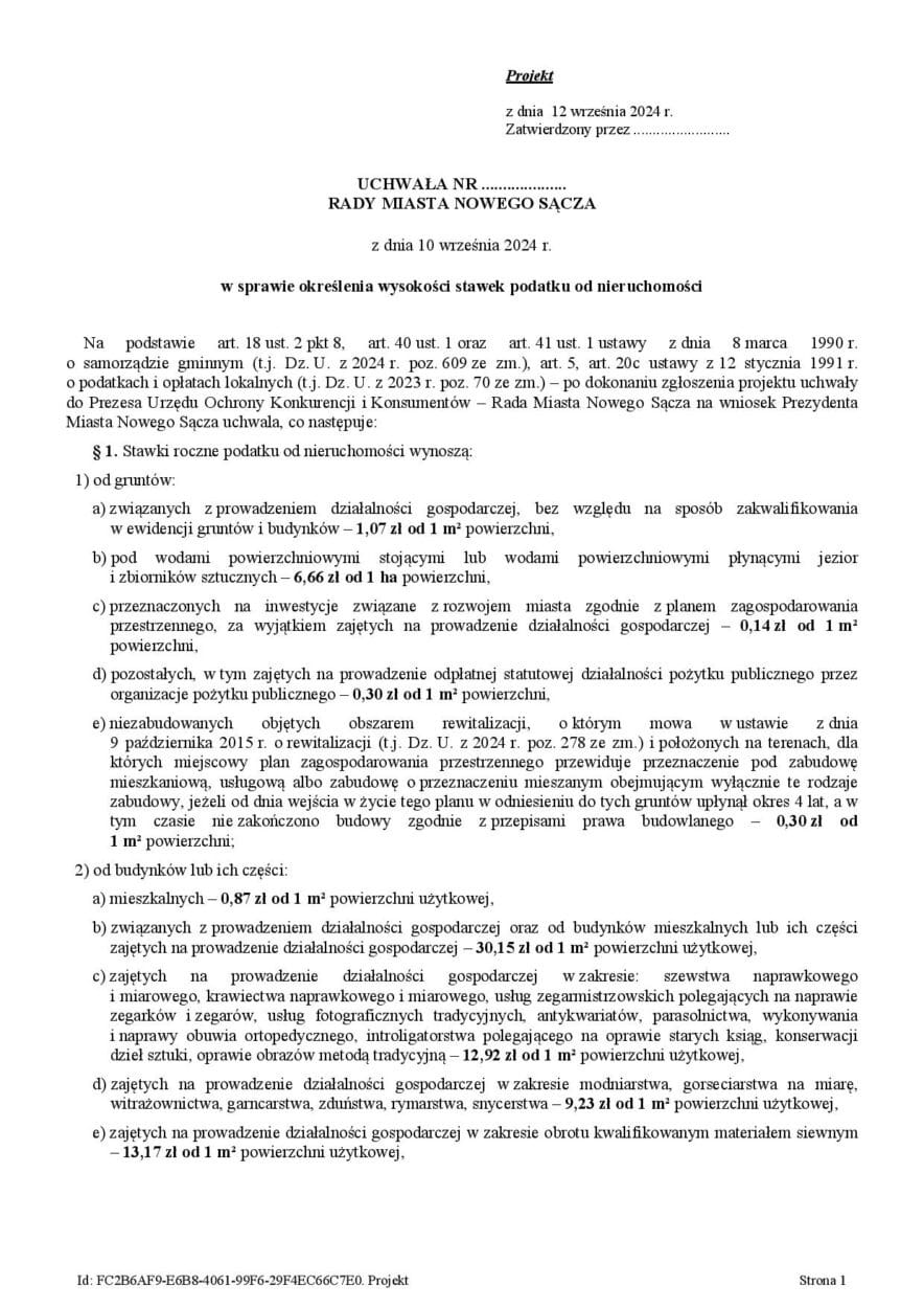 podatek od nieruchomości - stawki w Nowym Sączu od 1 stycznia 2025