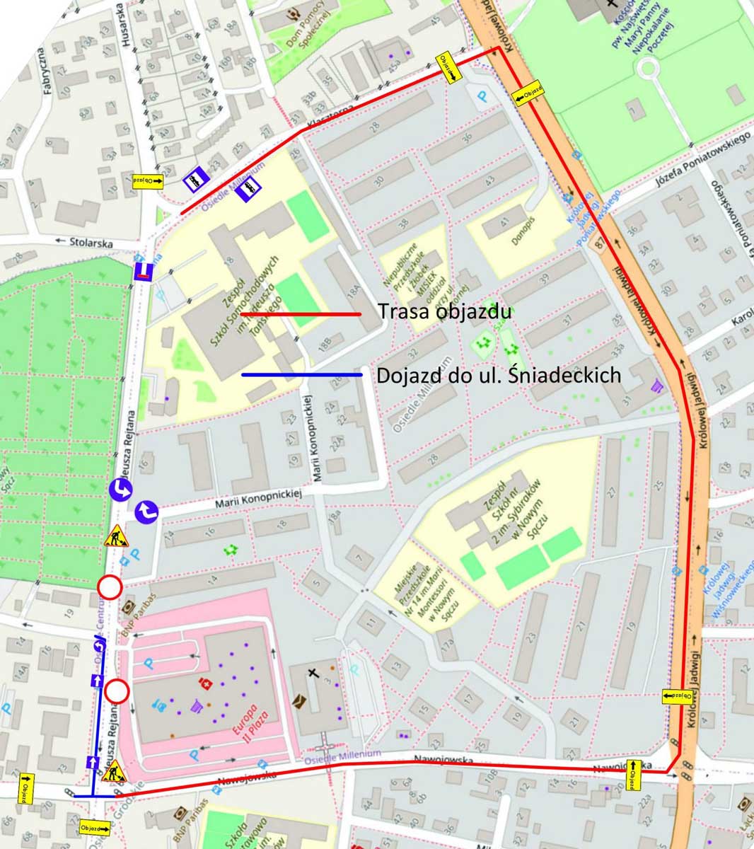 zamknięcie ul. Rejtana w Nowym Sączu od 18 września 2024. objazdy