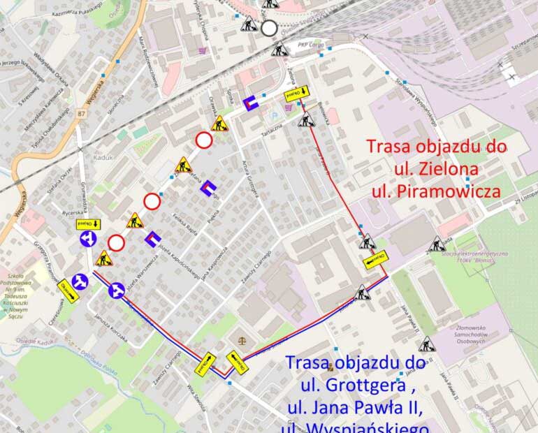 ul. Zielona Nowy Sącz remont - objazdy (mapka)
