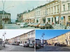 fragment rynku w Nowym Sączu, widoczny sklep Cepelii