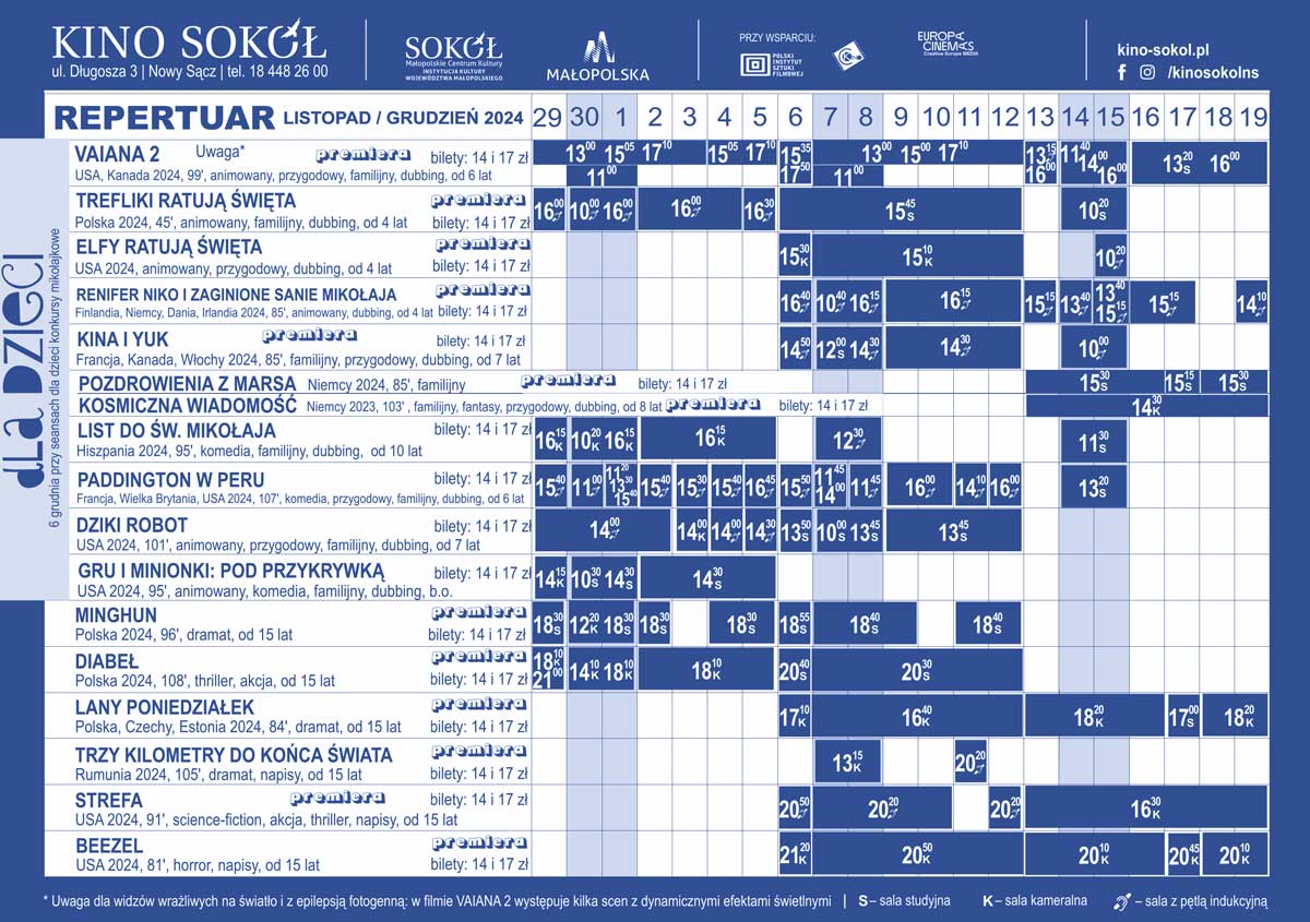 Sokół Nowy Sącz repertuar 29.11-19.12.24