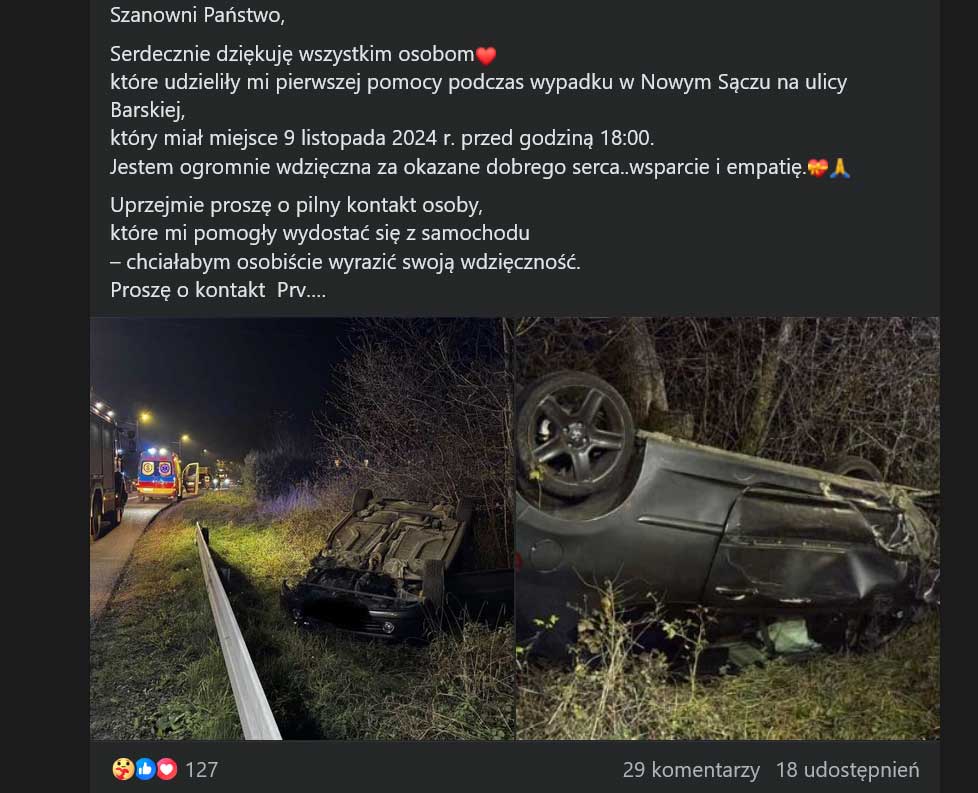 wypadek na ul. Barskiej który prawdopodobnie spowodował prezes spółki Nova. wpis osoby poszkodowanej w serwisie Facebook