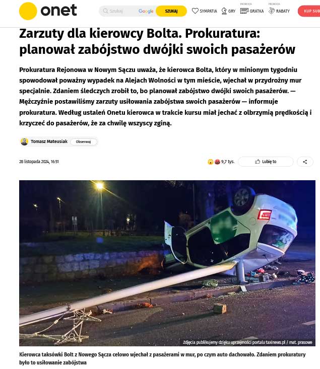 wypadek bolta na al. wolności w nowym saczu. zarzut zabójstwa dla kierowcy