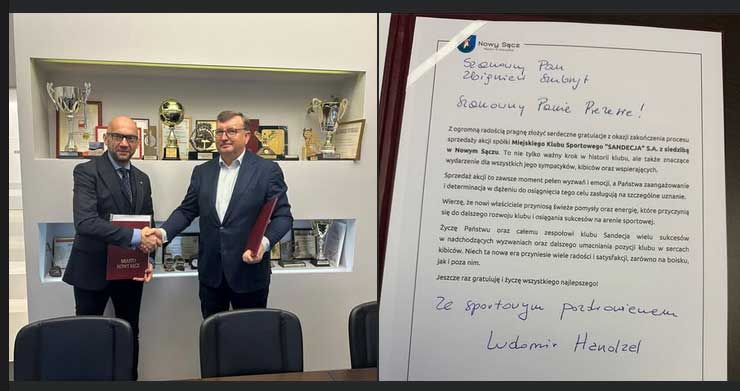 Artur Bochenek (po lewej), zastępca prezydenta Nowego Sącz i Zbigniew Szubryt, właściciel firmy Zakłady Mięsne Szubryt. Umowa sprzedaży Sandecji jest już gotowa