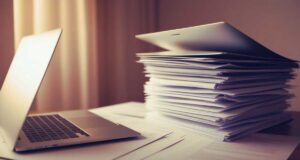 laptop i sterta papierów, obraz wygenerowany przez AI