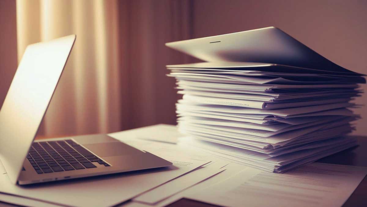 elektroniczny obieg dokumentów w Radzie Miasta Nowego Sącza. laptop i sterta papierów, obraz wygenerowany przez AI