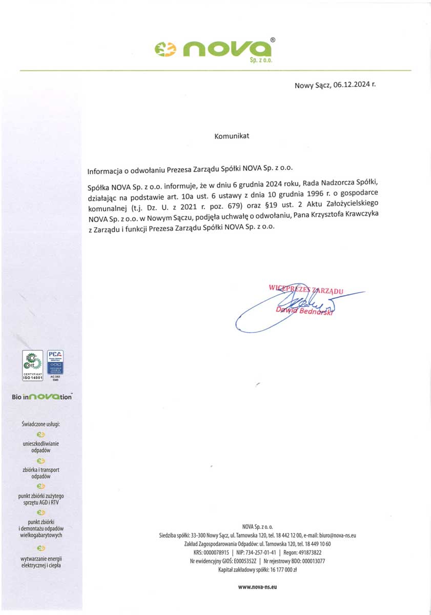 odwołanie prezesa spółki Nova