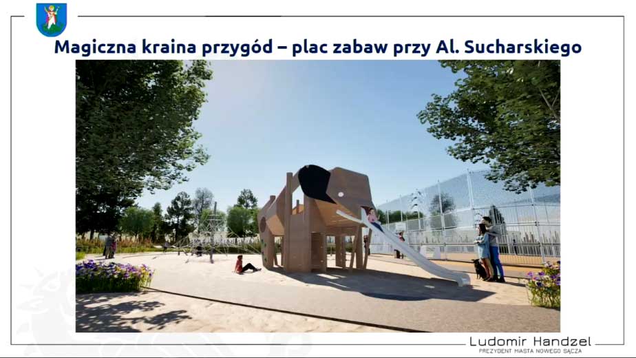 Nowy Sącz inwestycje 2025 - realizacja placu zabaw nawiązującego - poprzez słonia-zjeżdżalnię, do wioski indiańskiej