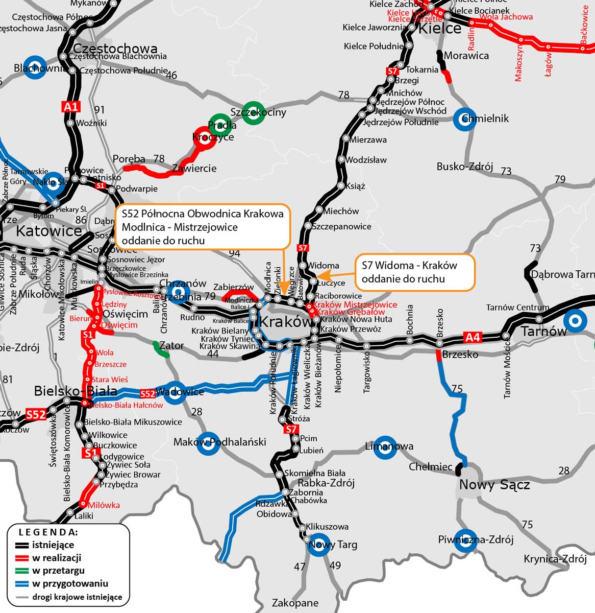S7 Kraków Widoma i S52 - Północna Obwodnica Krakowa - mapka