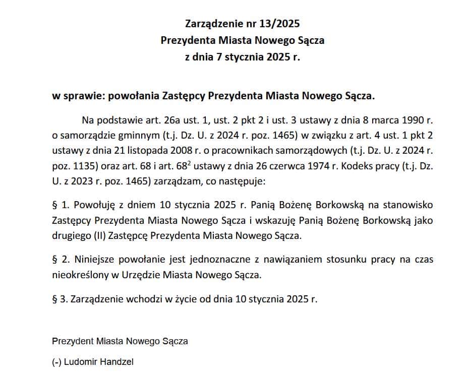 zarządzenie o powołaniu Bożeny Borkowskiej na stanowisko zastępcy prezydenta Nowego Sącza