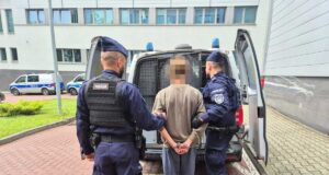 przestępstwa na Sądecczyźnie 2024 - policjanci wprowadzają podejrzanego do radiowozu